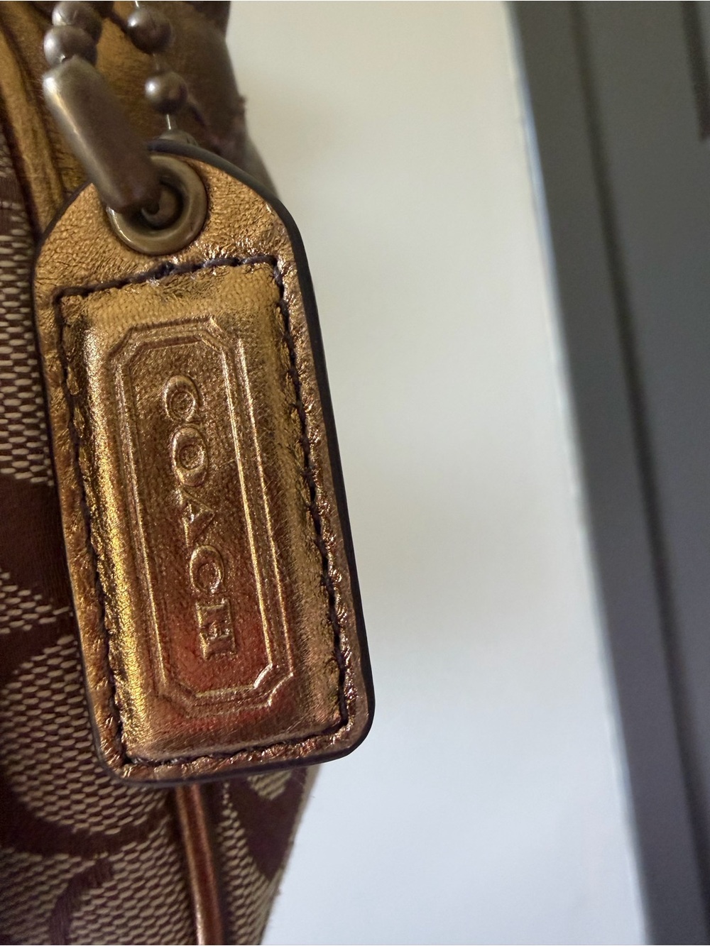 Coach Brown Signature Canvas Shoulder Bag with Metallic Bronze Leather Accents - Picture 6 of 16
